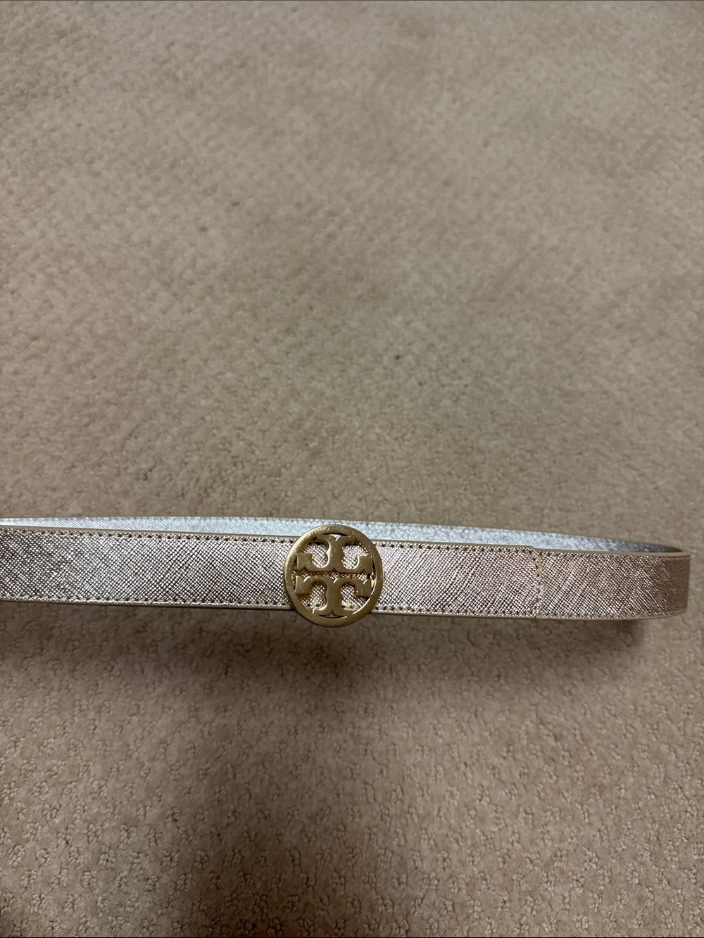 Tory Burch Shimmery Gold Skinny Logo Belt